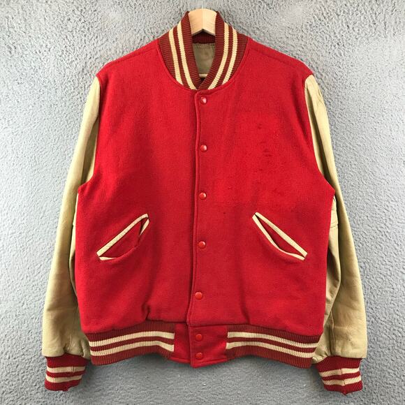 Vintage 60s Red Wool Jacket Mens L Rockabilly Letterman Coat - Picture 1 of 10